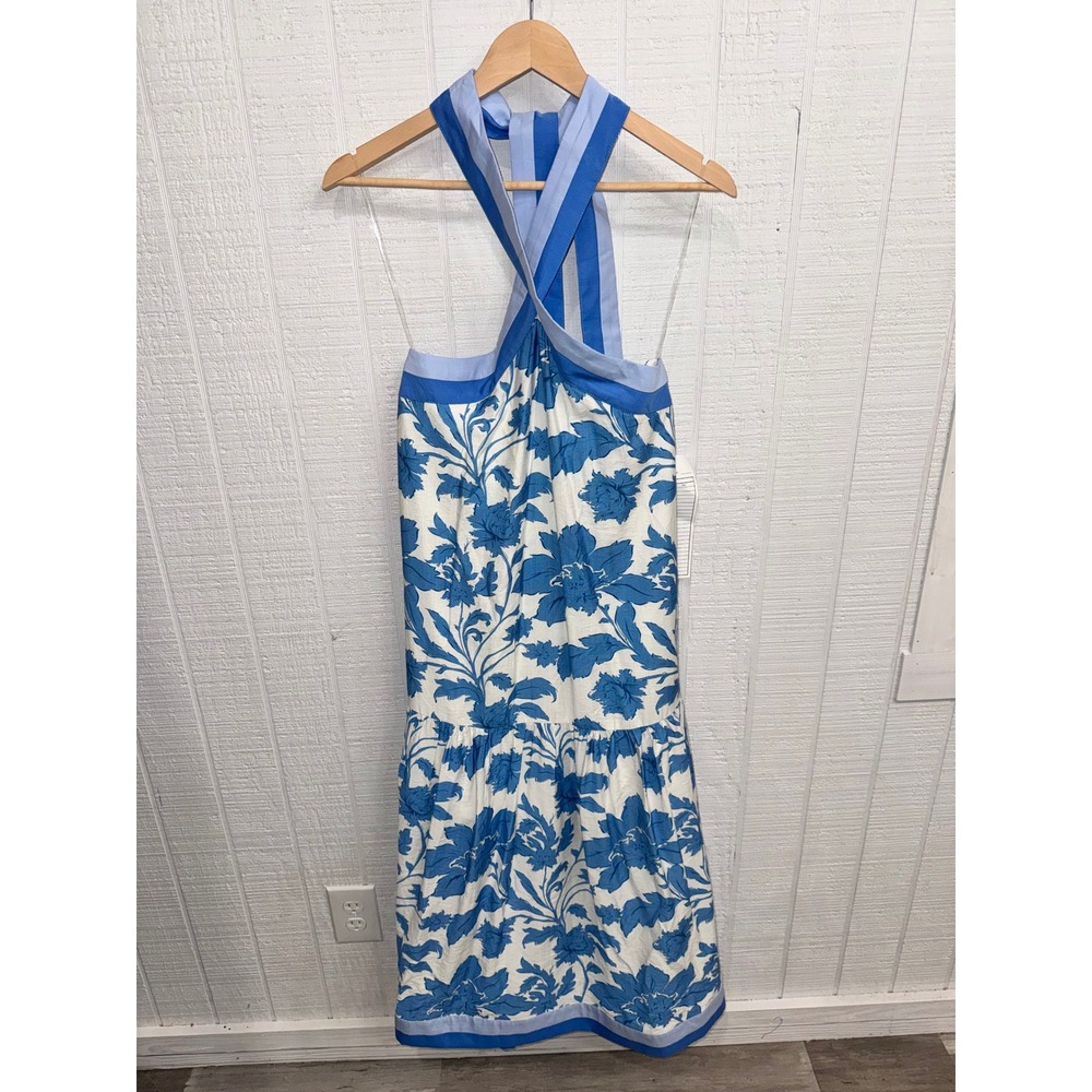 Entro Floral Halter Midi Dress Womens Blue White Coastal Tiered Pockets Small